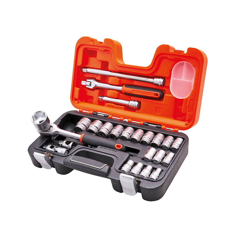 A socket wrench set in an open black and orange case, displaying sockets, extensions, a ratchet handle, and other tools neatly arranged.