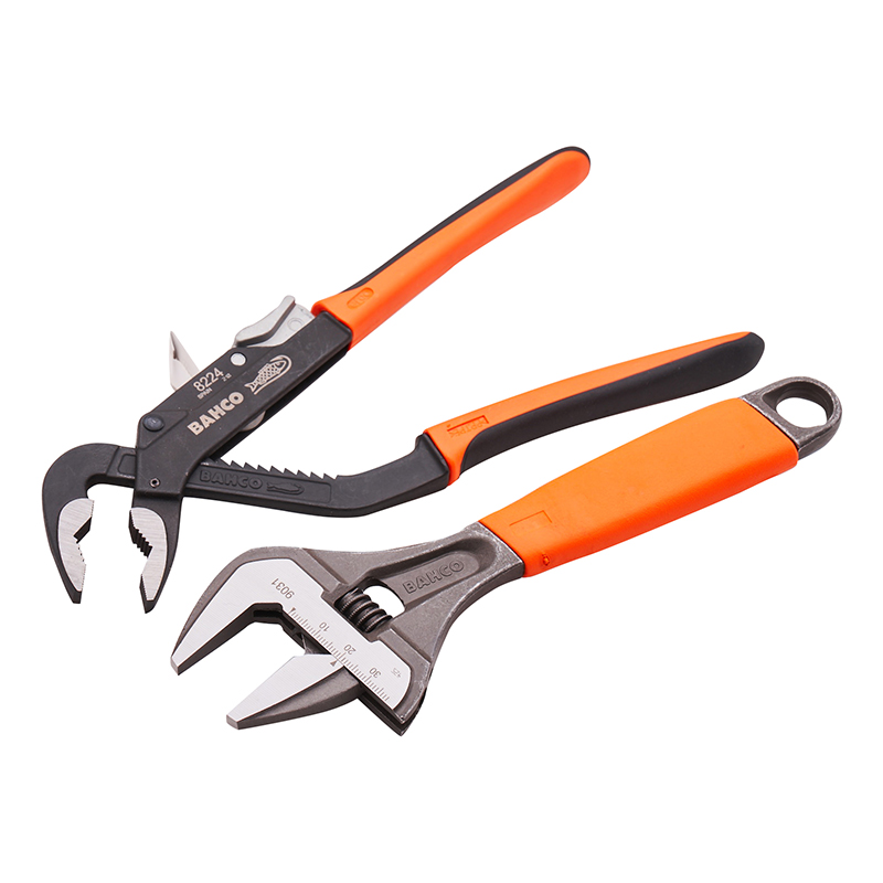 Two hand tools with orange and black handles—an adjustable wrench and pliers by Bahco—are displayed on a white background.