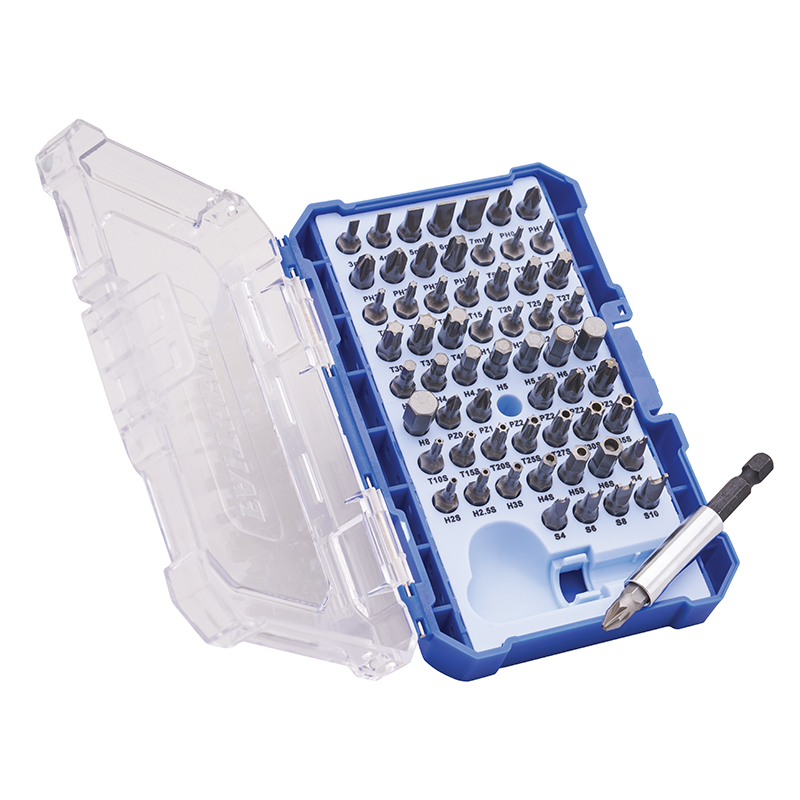 A blue and white plastic case with a clear lid holds various screwdriver bits in rows and a detachable bit holder in the lower right.