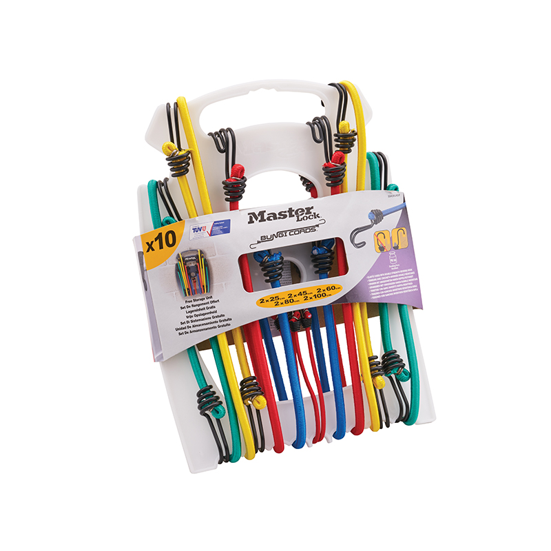 A pack of ten Master Lock bungee cords in assorted colors with black hooks, arranged on a white plastic holder.