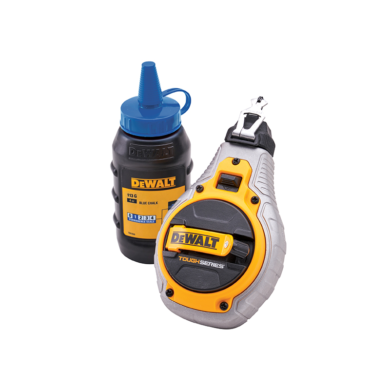 A DeWalt chalk line reel in grey and yellow with a black handle, next to a black bottle of blue chalk powder with a blue cap.