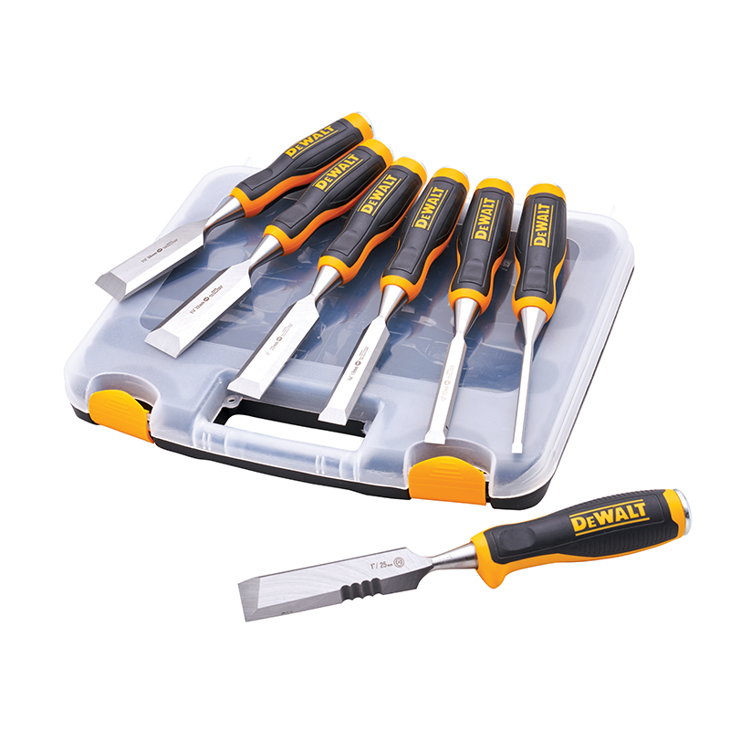 A set of six DEWALT wood chisels with black and yellow handles displayed on a gray carrying case, one chisel in front.