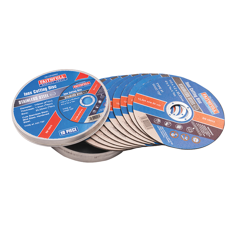 A stack of blue and silver stainless steel cutting discs in circular packaging, with one disc lying flat on top. Set of 10 pieces.