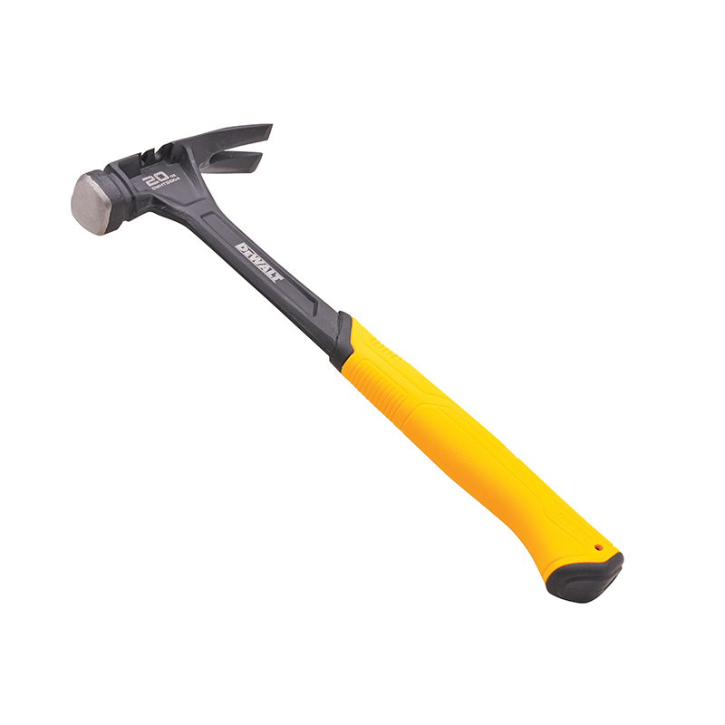 A claw hammer with a black metal head and a bright yellow handle rests on a white background.