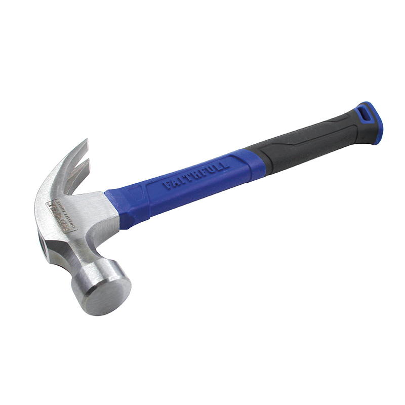 A claw hammer with a silver metal head and a blue and black rubber handle, positioned on a white background.