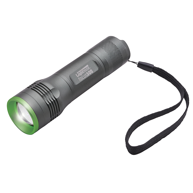 A compact metallic flashlight with a green ring around the lens and a black wrist strap attached to its end.