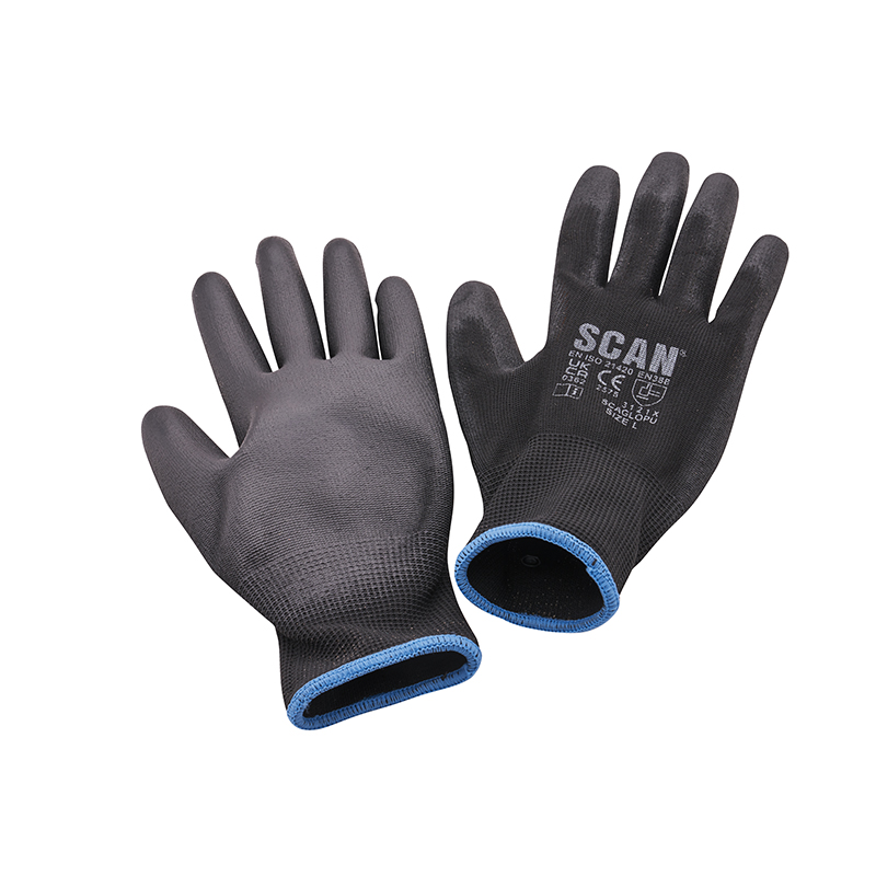 A pair of black work gloves with blue trim around the wrists, displayed palm up and palm down on a white background.