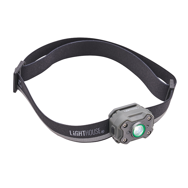 A gray LED headlamp with an adjustable black strap, designed for hands-free lighting. The lamp is compact with a round lens and four screws at each corner.
