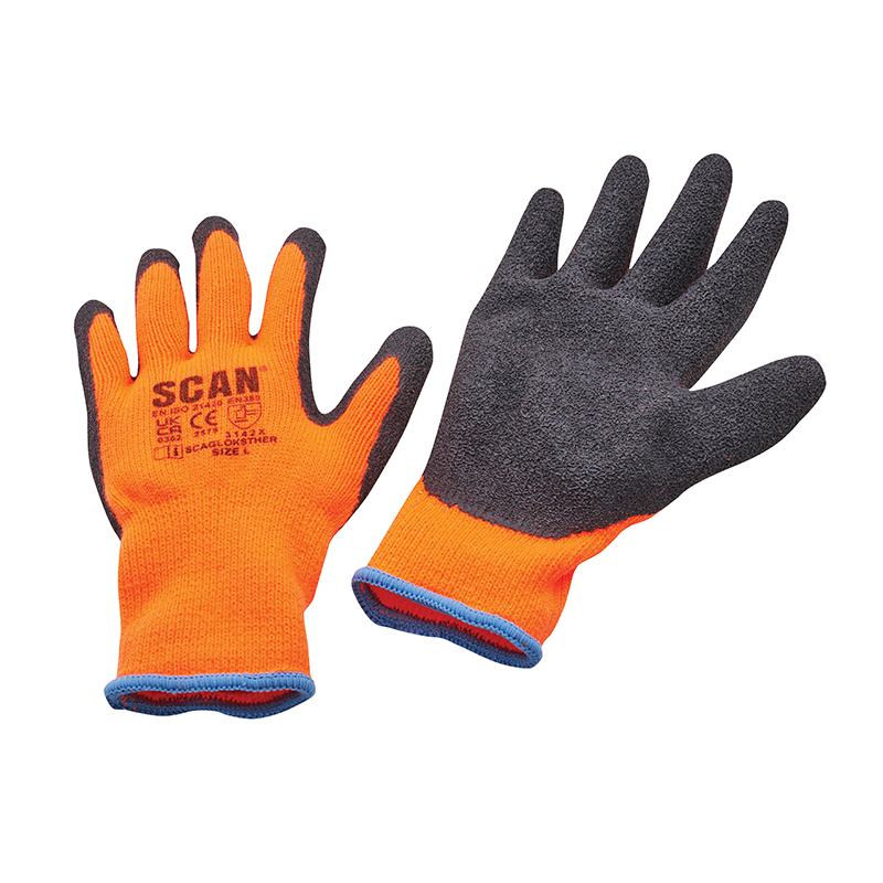 A pair of orange work gloves with black textured palms and fingers and blue trim on the cuffs.