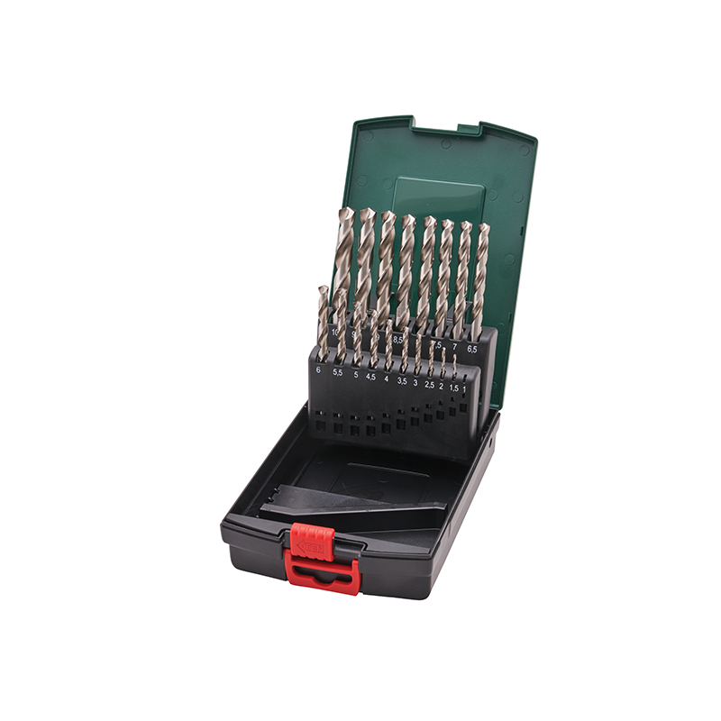A set of metal drill bits in various sizes arranged in a black case with a green lid and red latch, open on a white background.