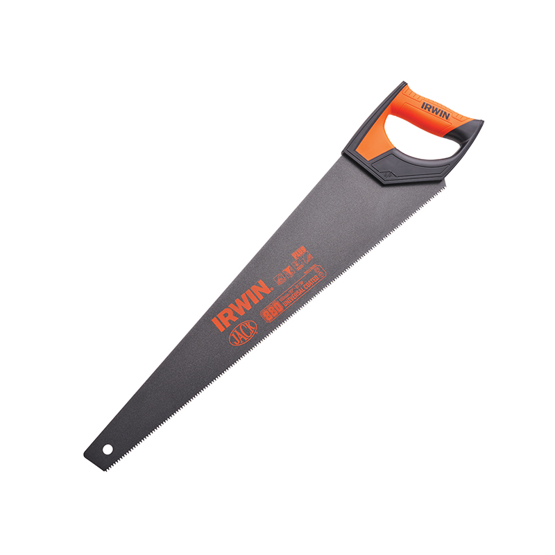 A hand saw with an orange and black handle and a long, serrated blade, placed on a white background.