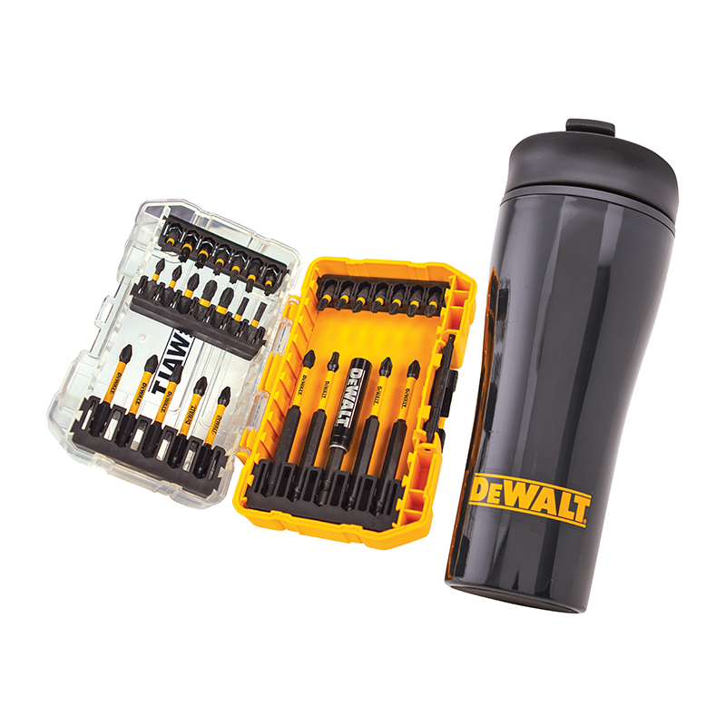 Two DeWalt drill bit sets in clear and yellow plastic cases are open beside a black DeWalt travel mug with a lid.