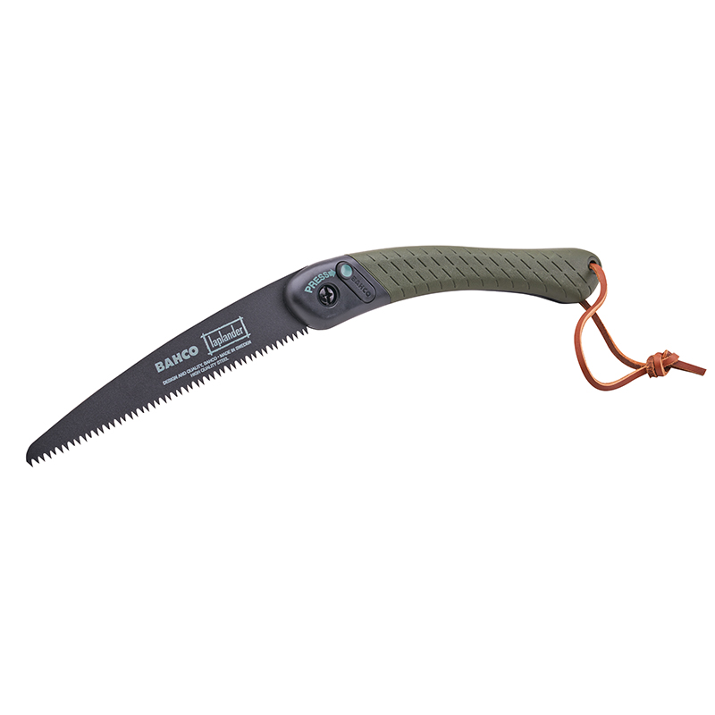 A folding hand saw with a curved, serrated blade and an olive-green textured handle featuring a lanyard looped through the end.