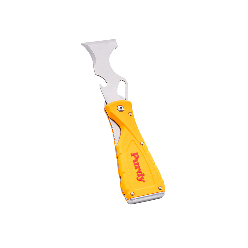A yellow multi-purpose painter’s tool with a stainless steel blade. The blade has edges for scraping, opening cans, and cleaning rollers.