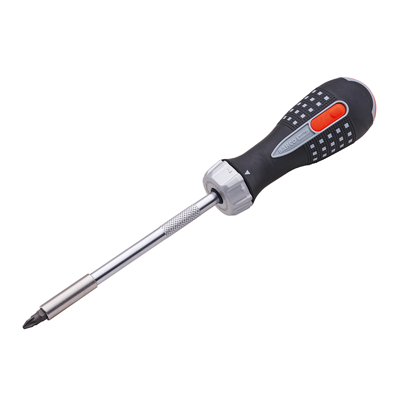 A black and gray multi-bit screwdriver with a textured grip handle, red button, metal shaft, and an interchangeable Phillips head bit.