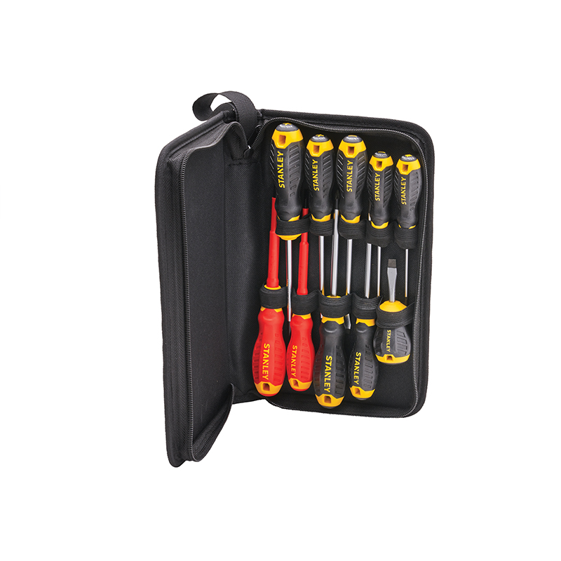 A black zippered case holds eight Stanley screwdrivers with black, yellow, and partially red handles, neatly organized on white.