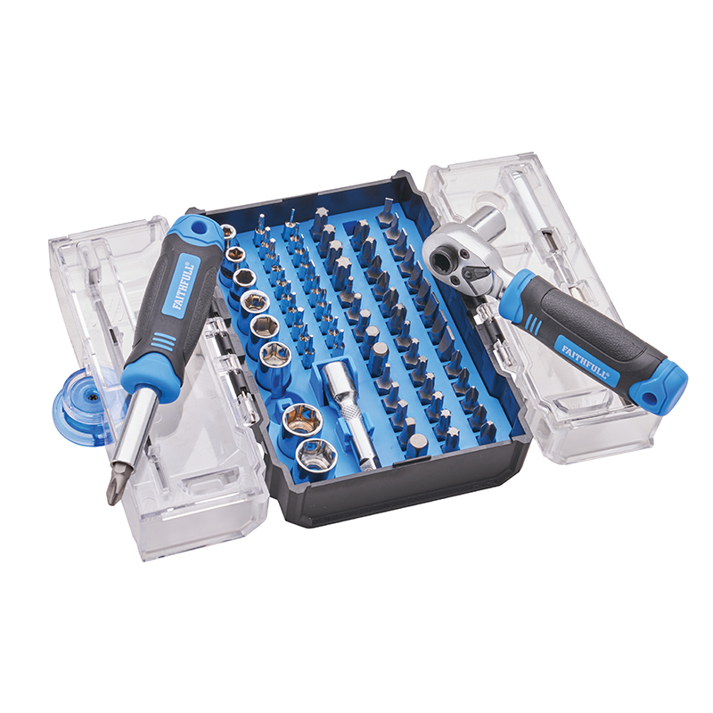 A toolkit featuring various screwdriver bits, sockets, a ratcheting screwdriver, and handle in a black and blue case with clear lids.