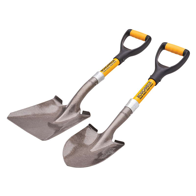 Two metal digging shovels with black and yellow D-shaped handles: one with a square blade, the other with a rounded pointed blade.