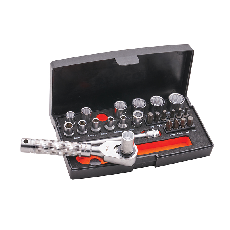 A black tool case open to show neatly organized metal socket bits, screwdriver bits, and a ratchet wrench handle in slots.