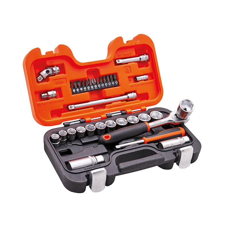 An orange and black plastic tool case open to reveal sockets, screwdriver bits, a ratchet, and other hand tools in organized slots.