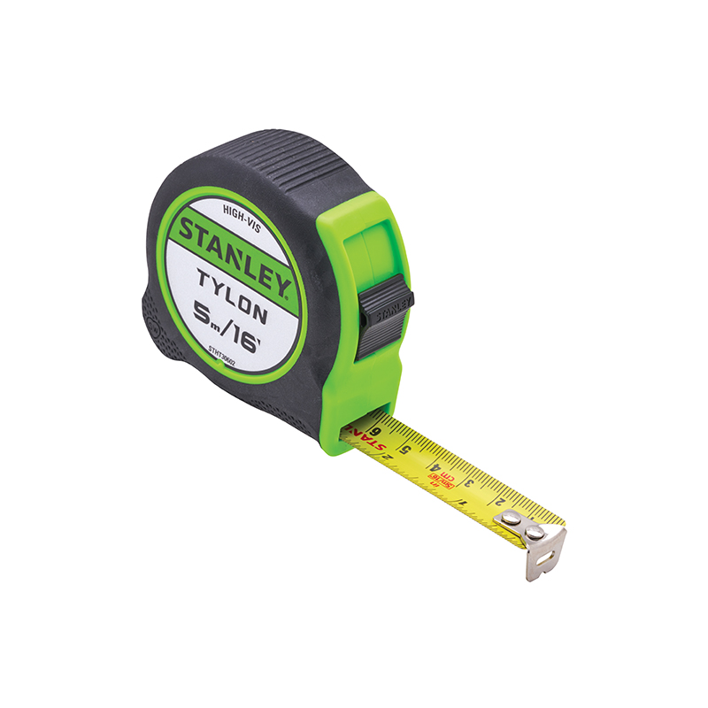 A Stanley Tylon 5-meter/16-foot tape measure featuring a black and green casing and a partially extended yellow measuring tape.