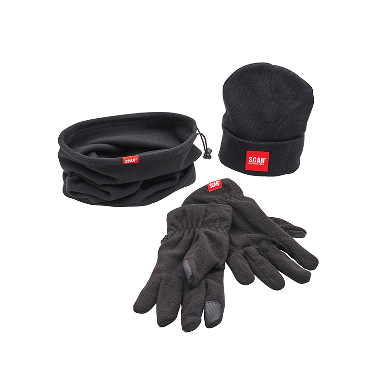 A set of black winter accessories including a beanie, neck warmer, and gloves, each with a small red label, on a white background.