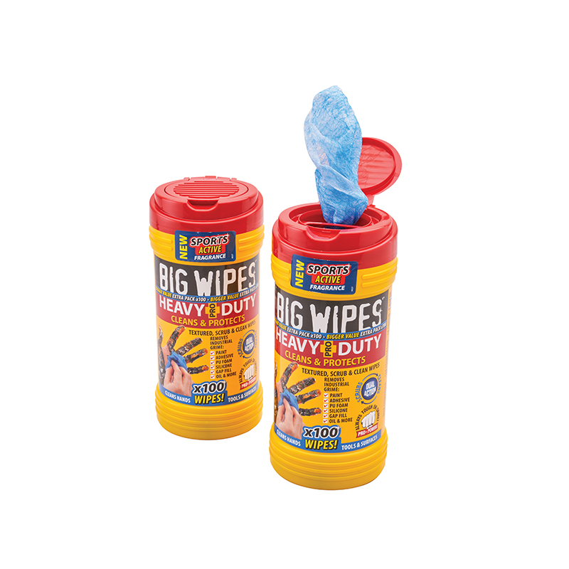 Two yellow and red containers of Big Wipes Heavy Duty cleaning wipes; one open with a blue wipe, the other closed. Labels show hands.