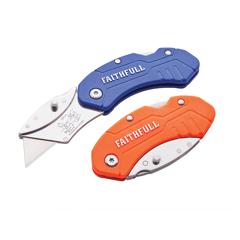 Two folding utility knives, one with a blue handle and one with an orange handle. The knives are partially open, showing silver blades.