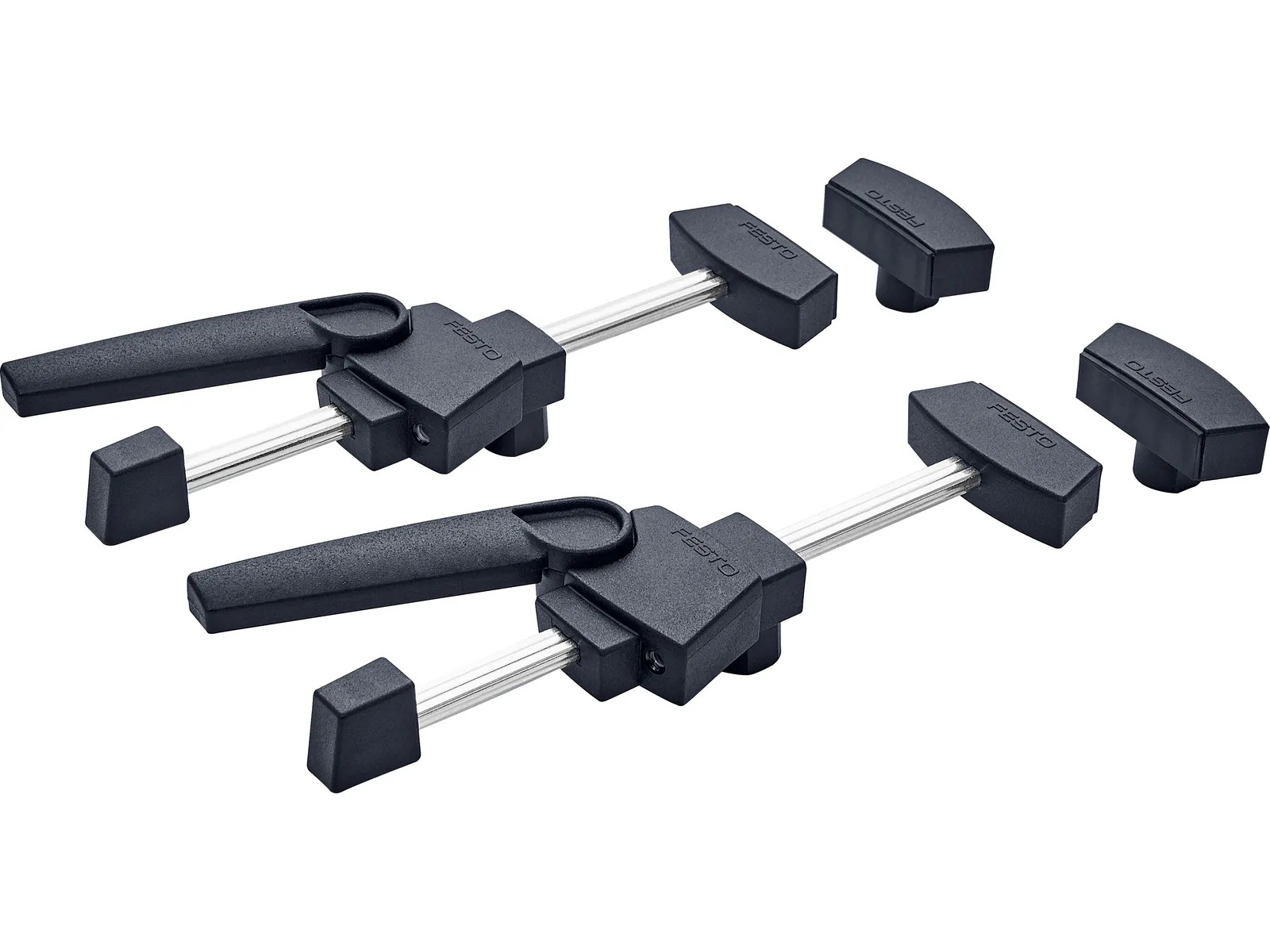 Two black and silver bar clamps with rectangular jaws and handles, parallel on a white background. Extra clamp ends nearby.