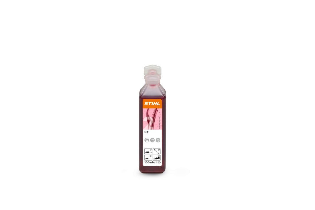 A 100ml bottle of STIHL HP two-stroke engine oil with a red label and cap, displayed on a plain white background.
