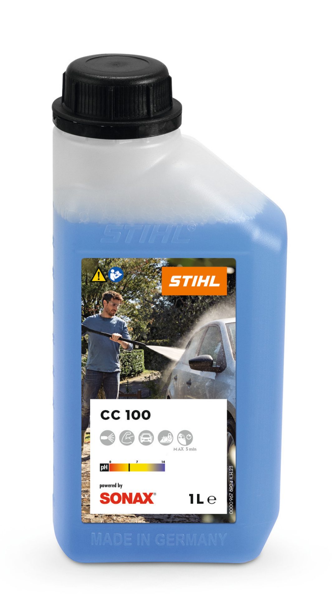 A 1-liter bottle of STIHL CC 100 cleaning solution with a black cap, blue liquid, and a label showing car washing and cleaning icons.