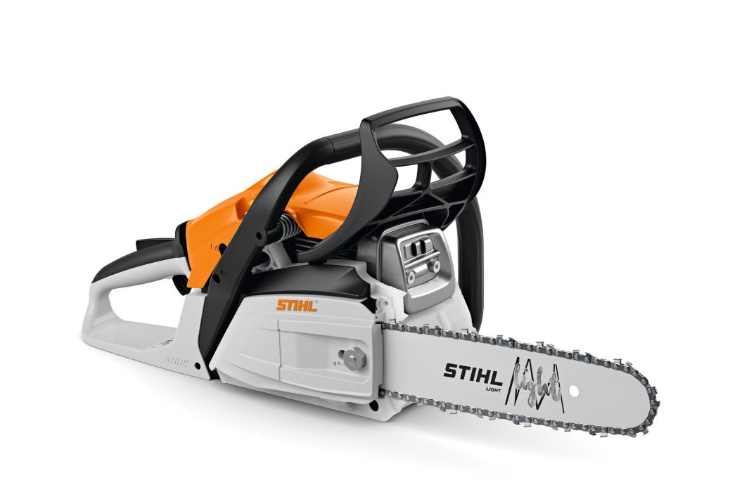 A Stihl chainsaw with an orange and white body, black handle, and metal cutting chain on a silver blade, side view on white background.