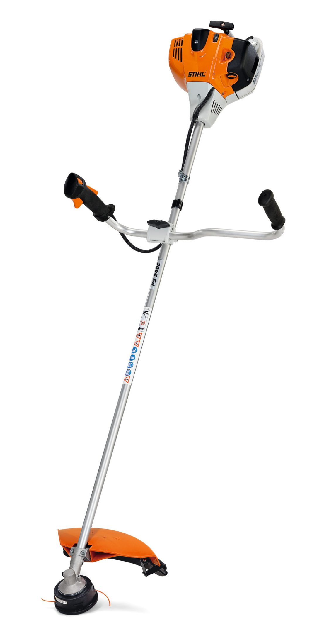 A gas-powered orange and silver brushcutter with a bicycle-style handlebar, long shaft, and cutting head with orange guard.
