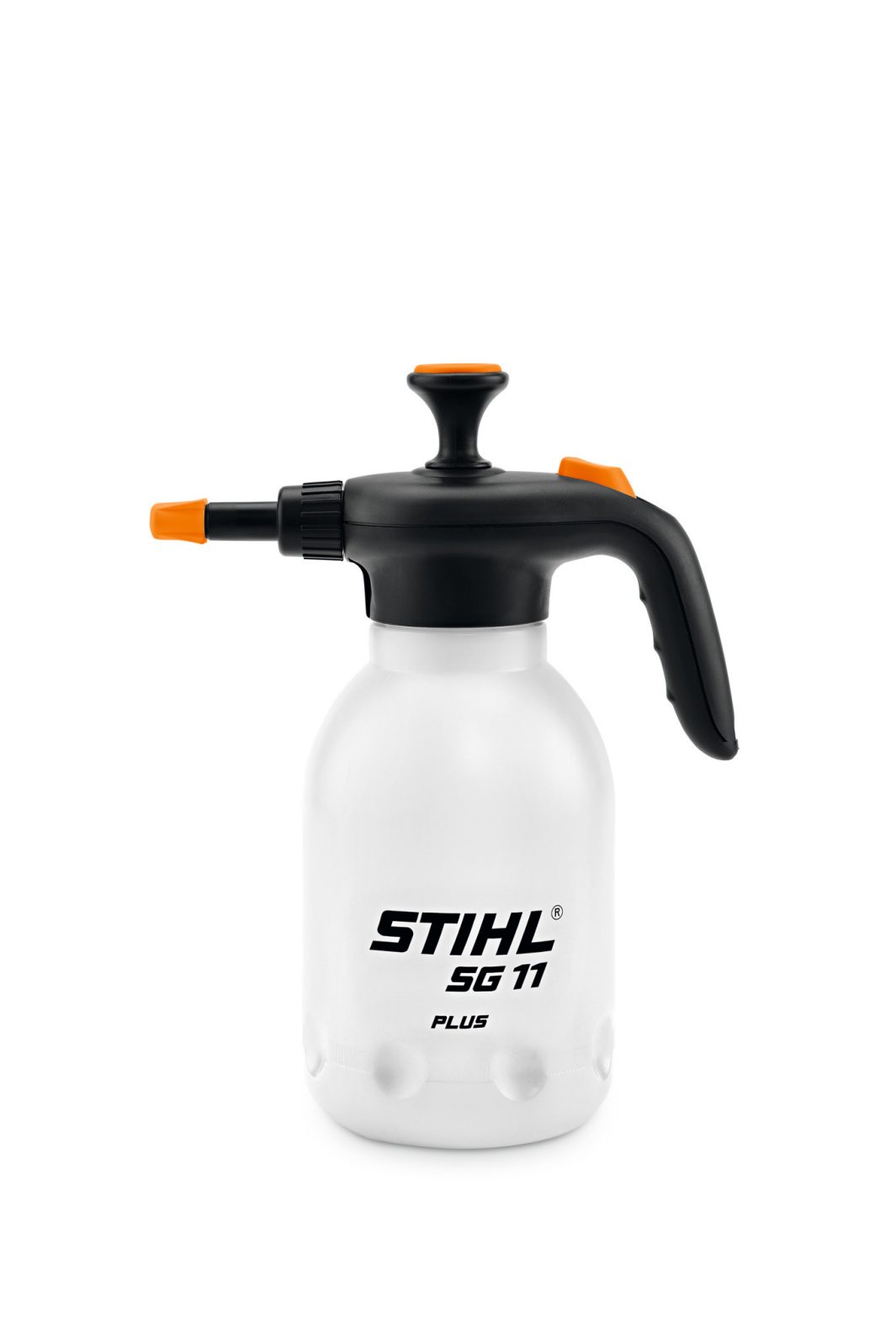 A white Stihl SG 11 Plus handheld sprayer with a black handle and orange nozzle is displayed against a plain white background.