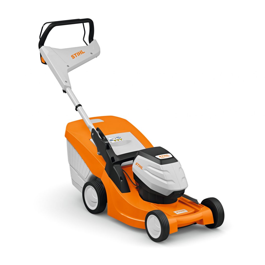 A bright orange and white STIHL lawn mower with a black handle, four wheels, and a rear grass collection box on a white background.