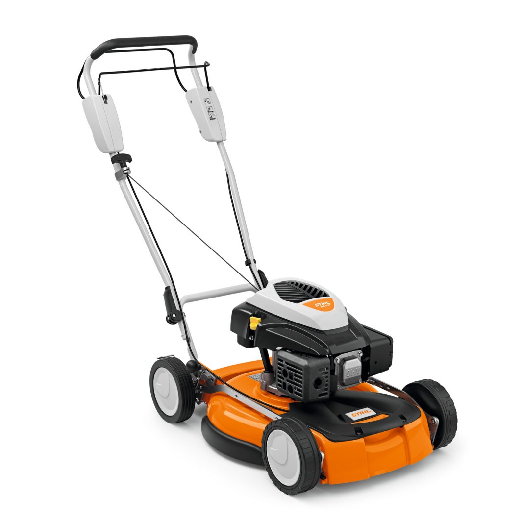 A modern orange and black gas-powered lawn mower with four wheels, metal handlebar, and engine components on a white background.
