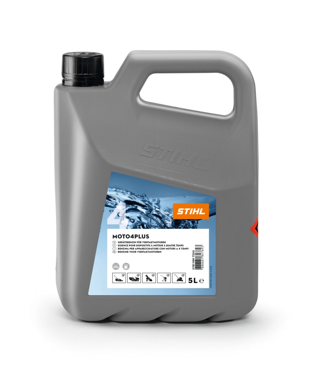A gray 5-liter STIHL MOTO4PLUS oil container with a black cap and a blue and white label showing STIHL logo and usage icons.