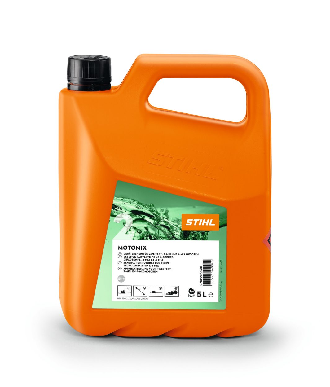 An orange 5-liter Stihl Motomix fuel container with a black cap and green label, designed for use with certain engines.