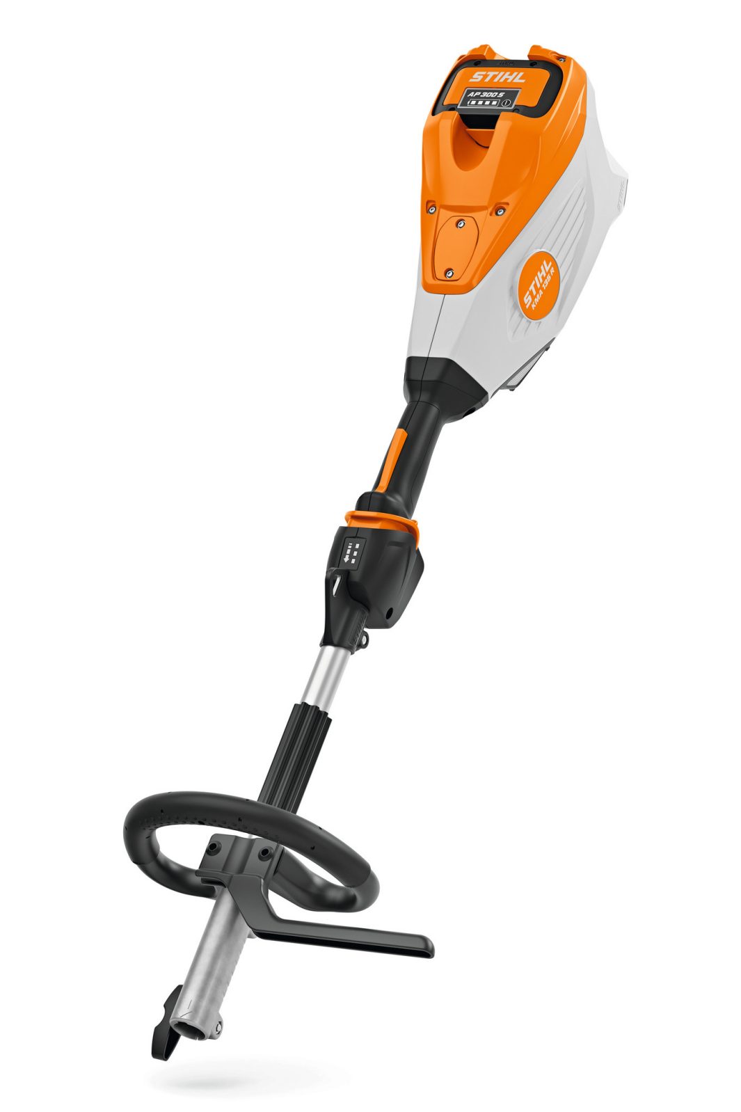 A STIHL battery-powered trimmer head attachment with an orange and white body, black handle, and circular grip for yard work.