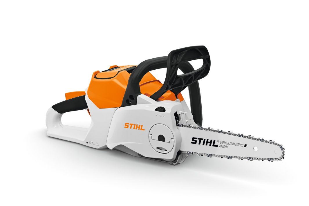 A Stihl electric chainsaw featuring an orange, white, and black design is displayed on a white background, showing the full body and chain.