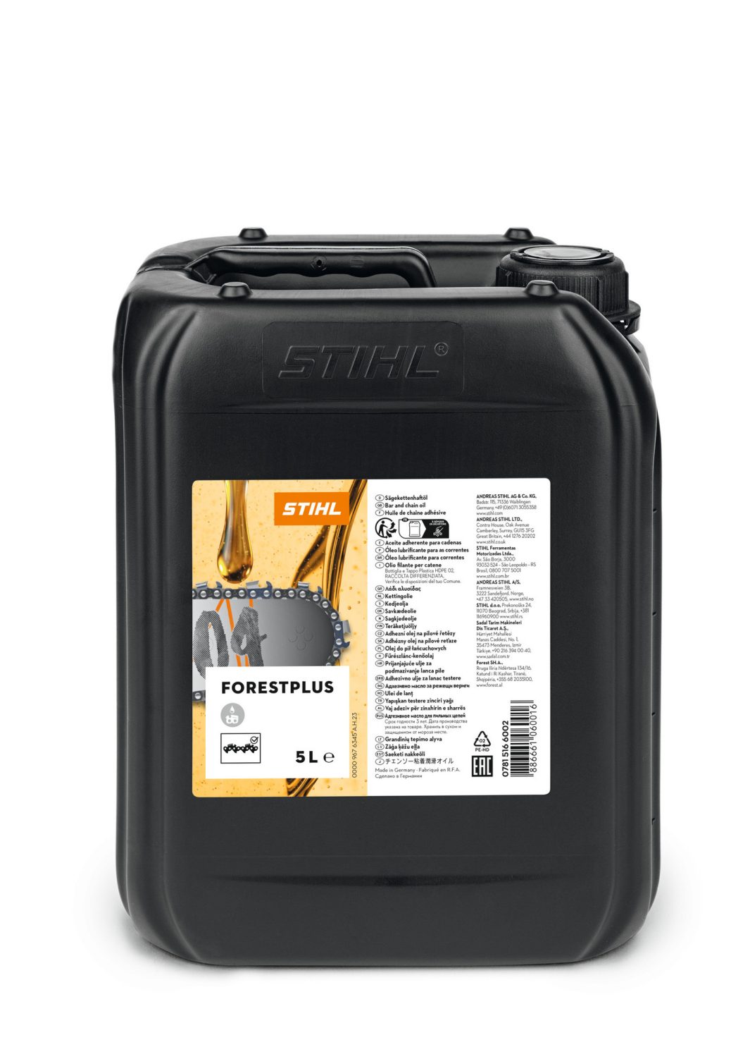 A black 5-liter container of STIHL ForestPlus chain oil with a label featuring an oiled chainsaw chain and product details.