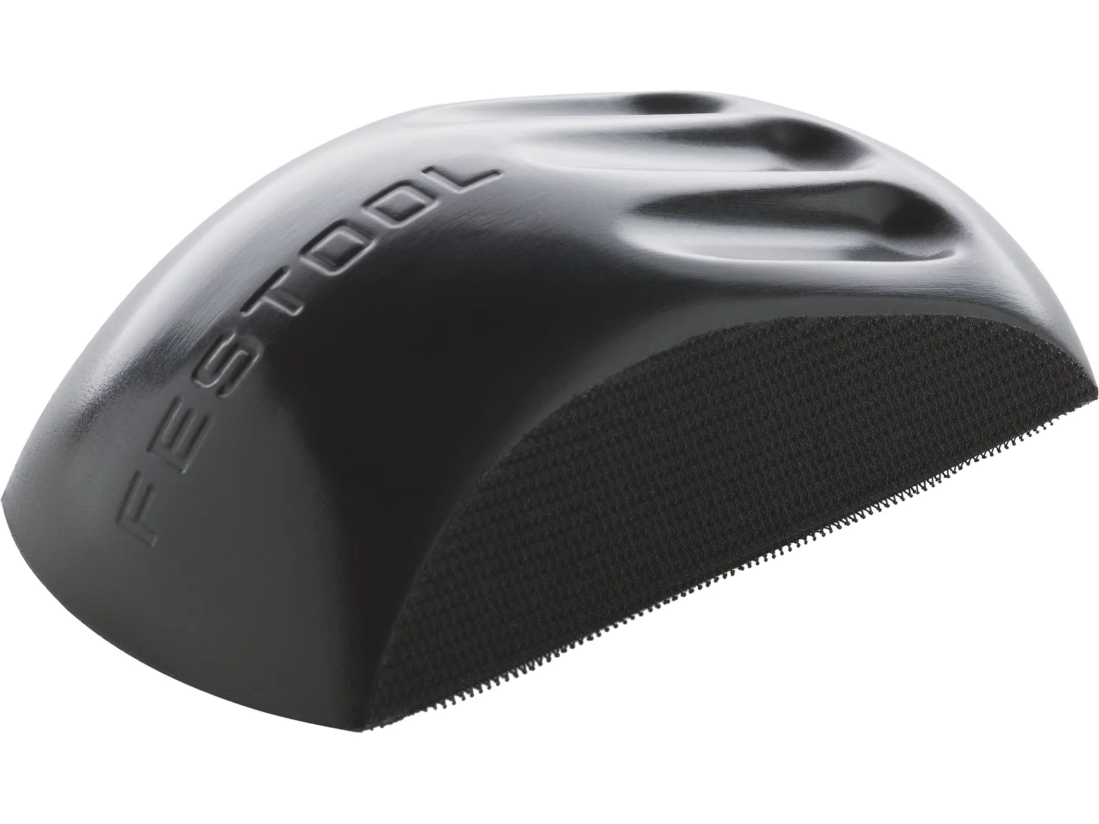 A black, curved sanding block with three finger indentations on top. The bottom side appears to have a textured grip for sanding sheets.