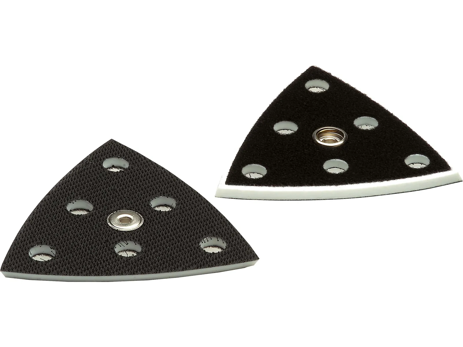 Two triangular black sanding pads with white edges and multiple circular holes, seen from above on a plain white background.