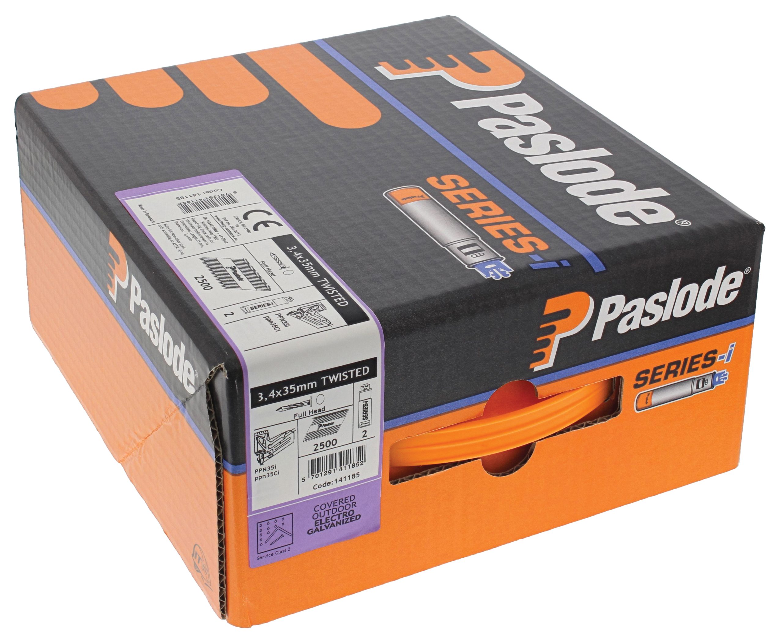 A box of Paslode PPN35 35mm Twisted Nails (2500) with 2 gas cells; orange nail strip visible, labels and barcodes shown.
