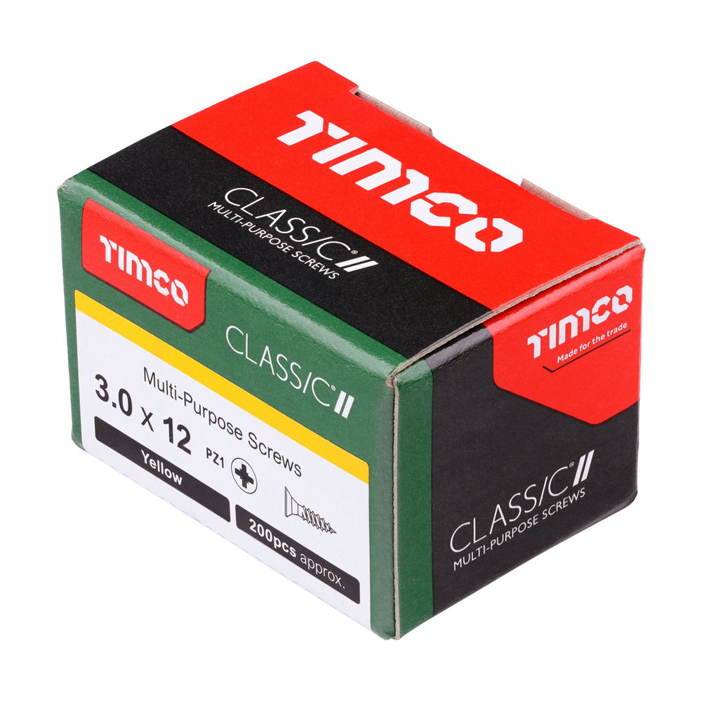 A box of TIMco Classic II multi-purpose screws, 3.0 x 12mm, 200 pieces, black with red, green, and yellow accents.
