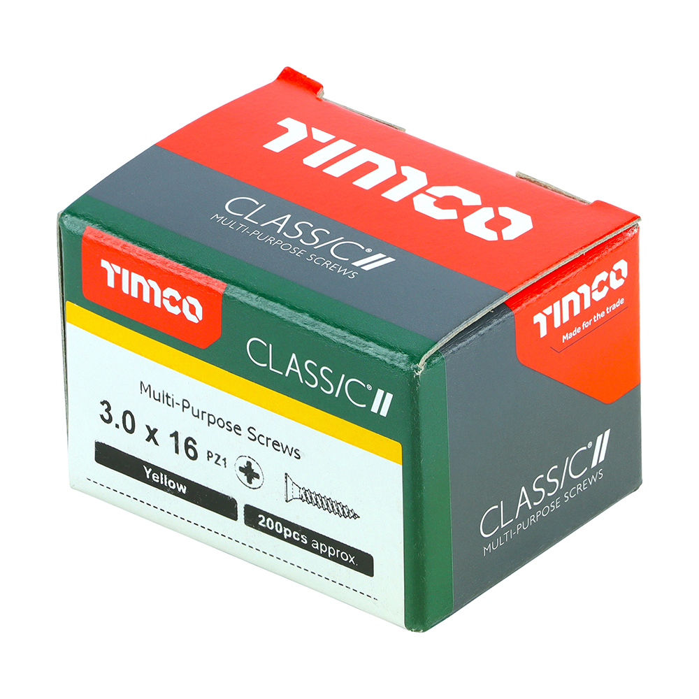 A box of TIMCO Classic II screws, 3.0 x 16 mm, yellow, 200 pieces. The box is green, red, and gray with a screw image on front.