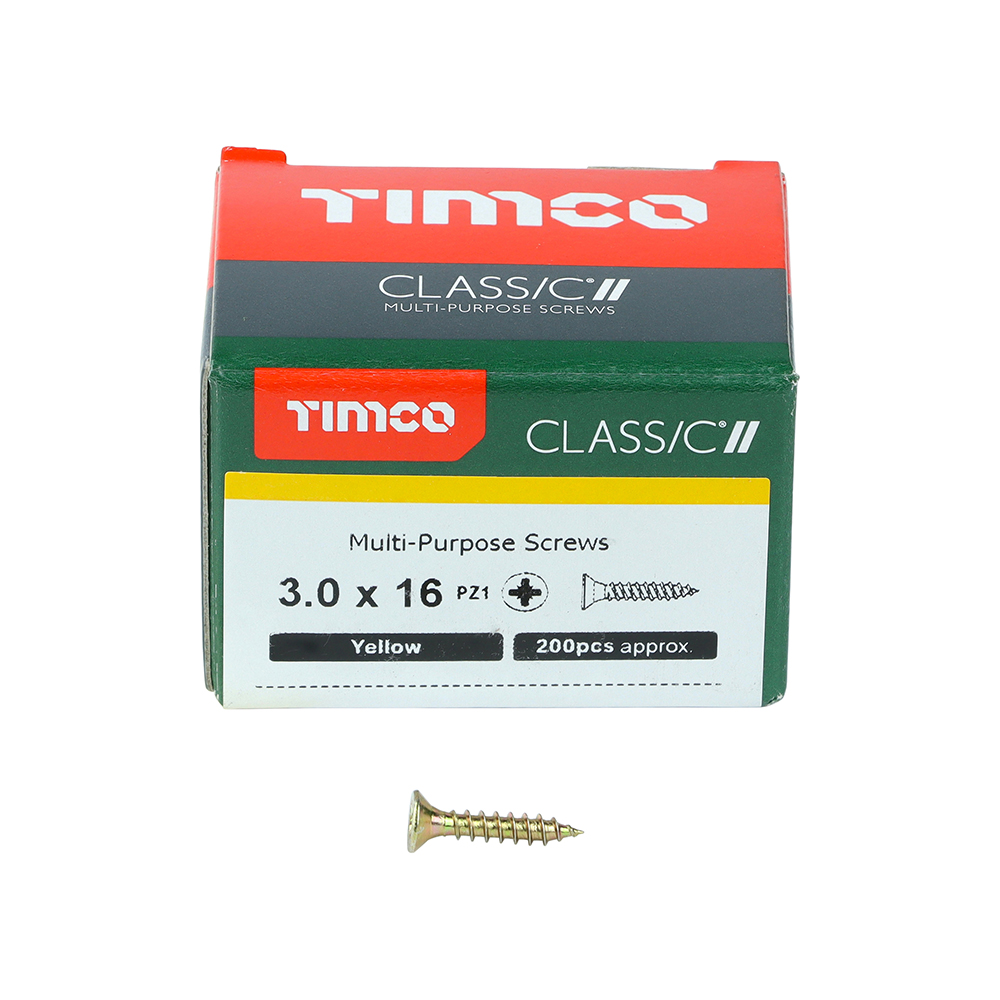 A box of TIMCO CLASS C2 multi-purpose screws, 3.0 x 16 mm, PZ1, yellow, about 200 pieces, with a screw in front of the box.