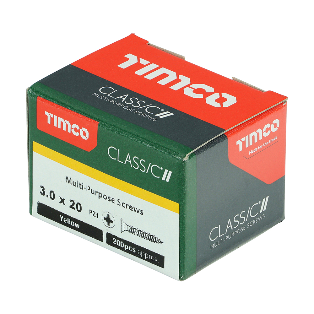 A box of TIMCO Classic II yellow multi-purpose screws, 3.0 x 20mm, about 200 pieces. The green box has red and white accents.