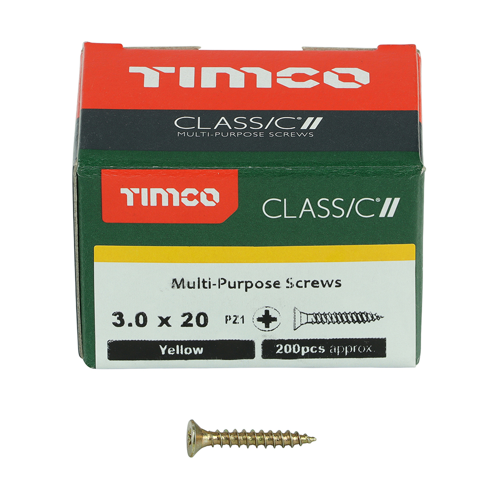 A green and red box of Timco Class C Multi-Purpose Screws with product details, and a single yellow screw in front of the box.
