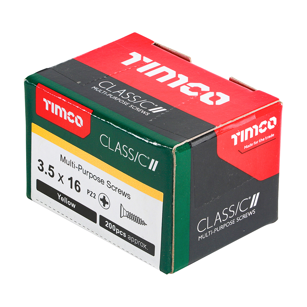A box of TIMCO Classic multi-purpose screws, 3.5 x 16 mm, PZ2, yellow, about 200 pieces, in red, green, yellow, black, and white.